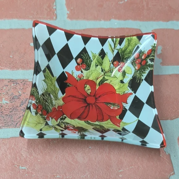 Holiday Decorative Tray with Red Bow and Black-White Harlequin Pattern - Picture 5 of 5